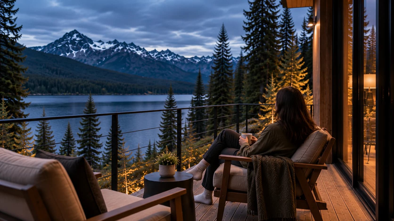 A guest enjoying a quiet cup of coffee on Northvale’s terrace overlooking the lake and mountains.