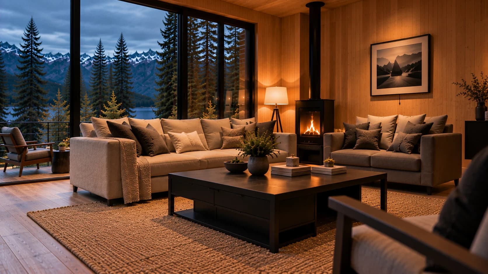 Inside Northvale: a cream linen sofa by lake-facing windows, warm timber and a glowing wood stove.