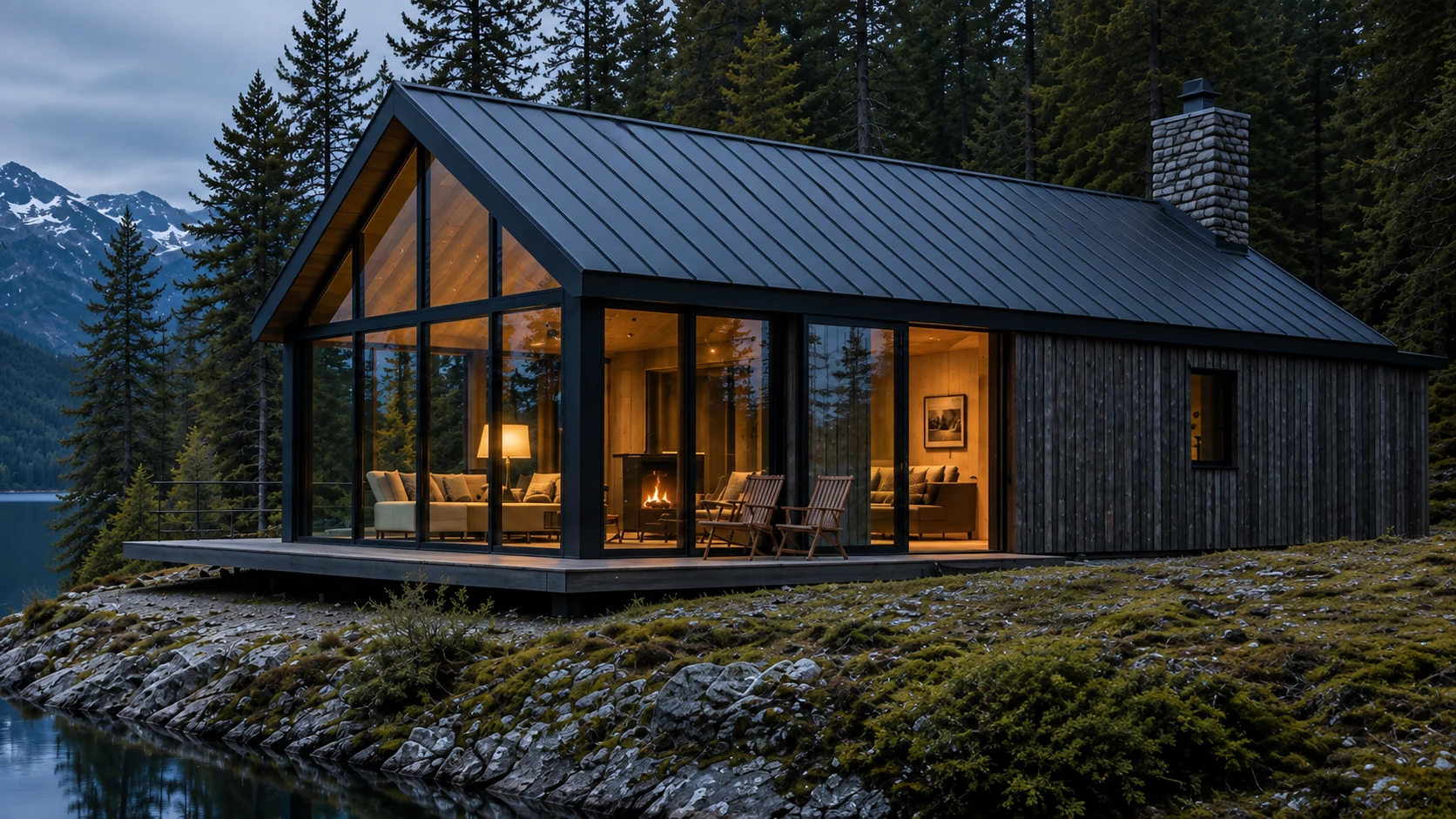 Northvale’s warm-lit timber cabin on a rocky lakeshore, with pine forest and dramatic mountains reflected in the evening water.